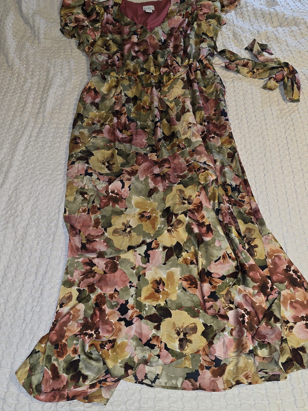 Nicole Miller New York Floral Satin Faux Wrap Midi Dress Pink Green Ruffle XL